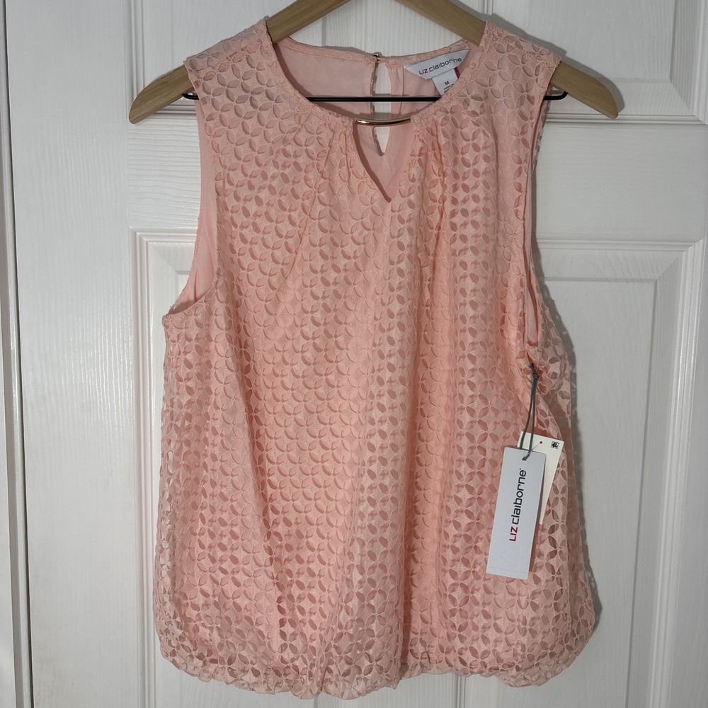 NWT Liz Claiborne Semi Sheer Lace Overlay Top Women Sz M Pink Sleeveless Lined